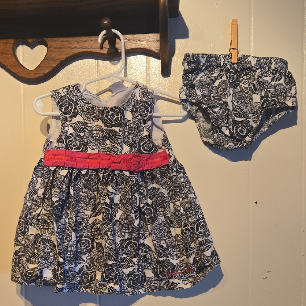 Calvin Klein Black and White Floral Dress with Pink Accent